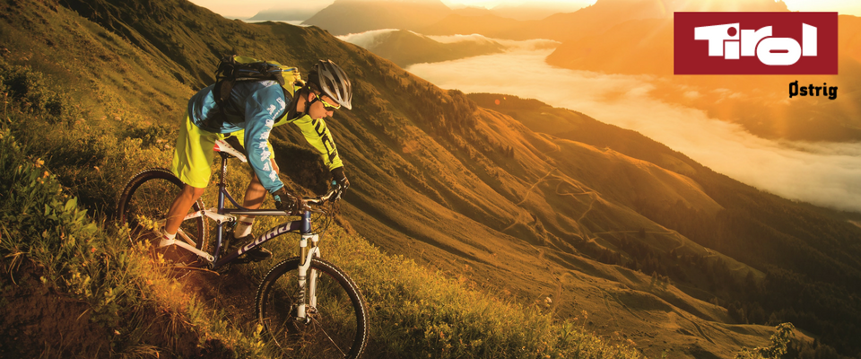 En person i cykeludstyr kører på en mountainbike ned ad en græsklædt skråning under solnedgang. Baggrunden byder på en dramatisk udsigt over bjerge og en diset dal, der minder om skirejser i Westendorf. Teksten Tirol, Østrig er synlig i øverste højre hjørne.