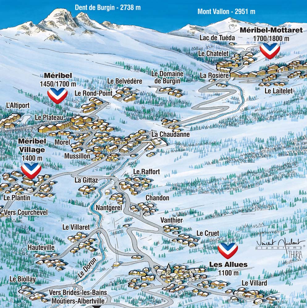 Illustrerad skidkarta över Méribel i franska Alperna, som visar skidleder, byar som Méribel Village, La Chaudanne och Méribel-Mottaret, samt bergstoppar och höjder i meter, som Dent de Burgin och Mont Vallon.