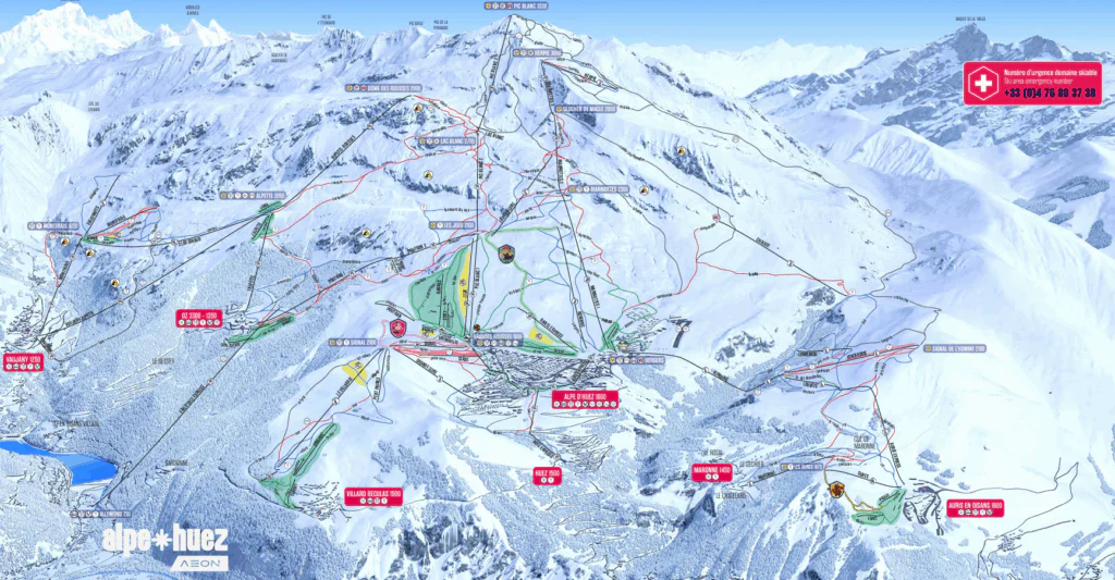 Illustreret skisportskort over Alpe d'Huez, der viser skiløjper af varierende sværhedsgrad, skilifte, bjergtoppe og vigtige vartegn i et snedækket alpint landskab, med farvede linjer, der angiver forskellige skråninger og ruter.