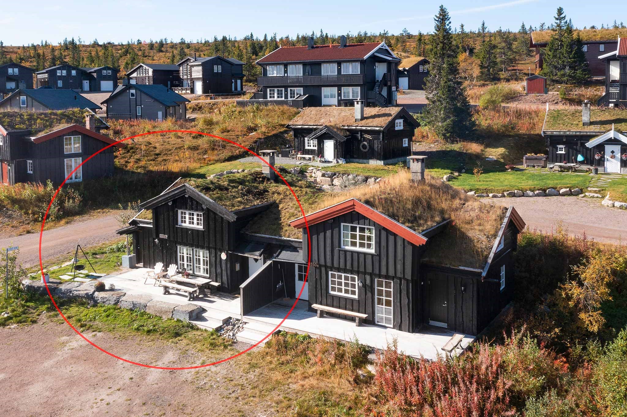 Et hyggeligt sort træhus med græstag, udendørs siddepladser og store vinduer er omkranset med rødt; lignende huse og træer er i baggrunden.