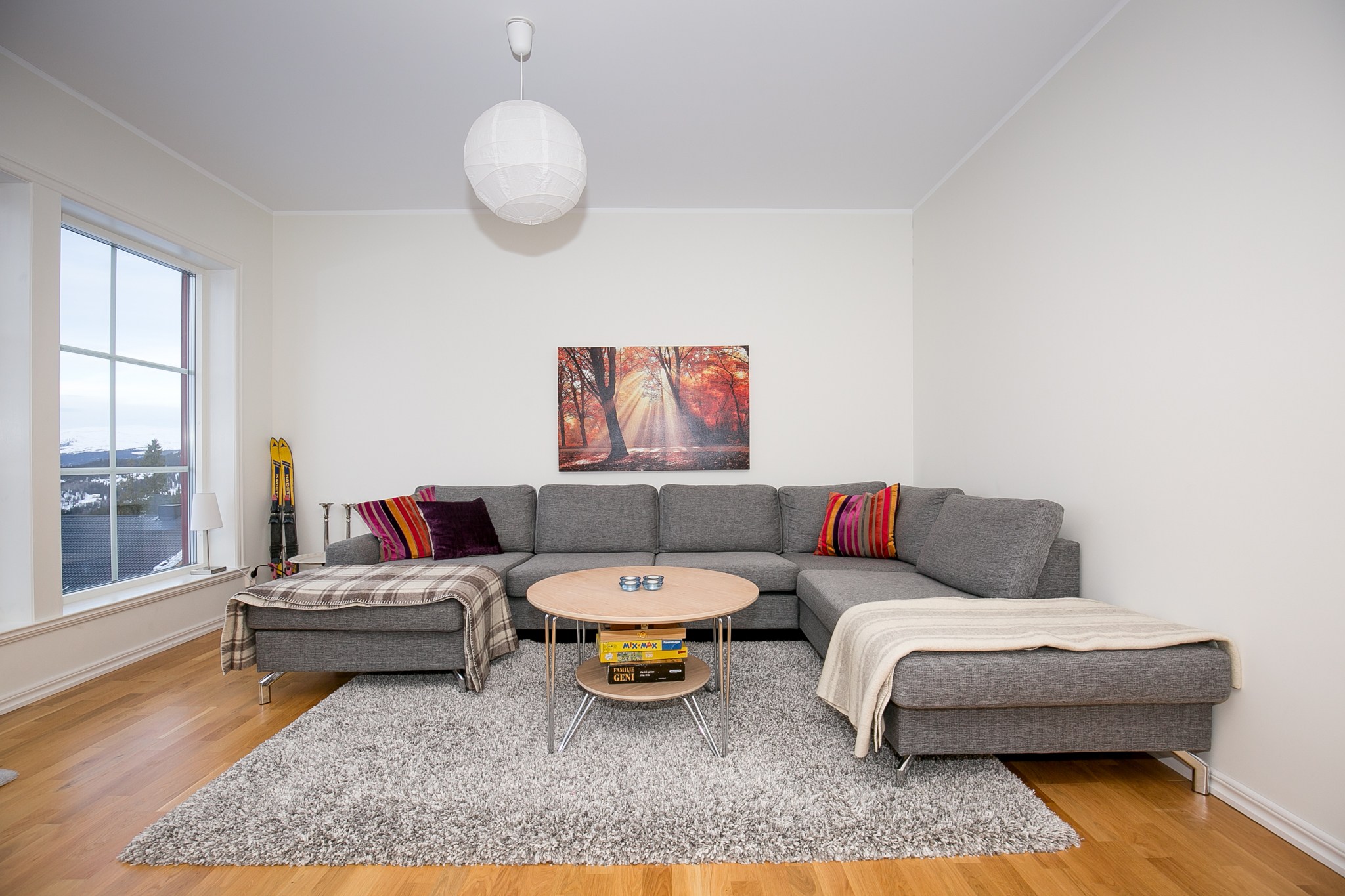 En moderne stue med en grå sofa, farverige hynder, to tæpper, et rundt sofabord i træ med bøger, et gråt tæppe og en vægkunst med et solbeskinnet skovscene over sofaen. Stort vindue lukker naturligt lys ind.