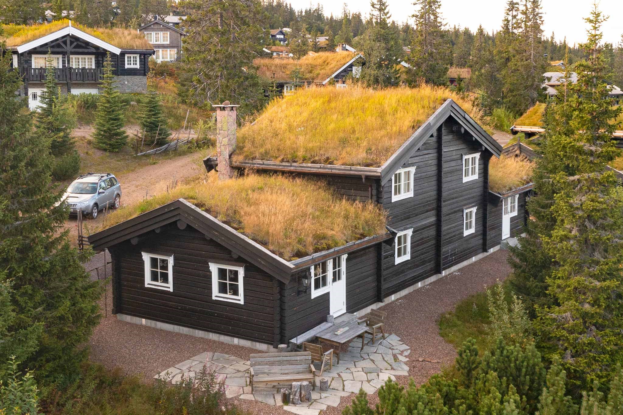 Et sort træhus med et grønt græsdækket tag ligger blandt træer og andre lignende huse. Foran er en stenterrasse med bænke, og en grå bil holder parkeret i nærheden på en grusindkørsel.