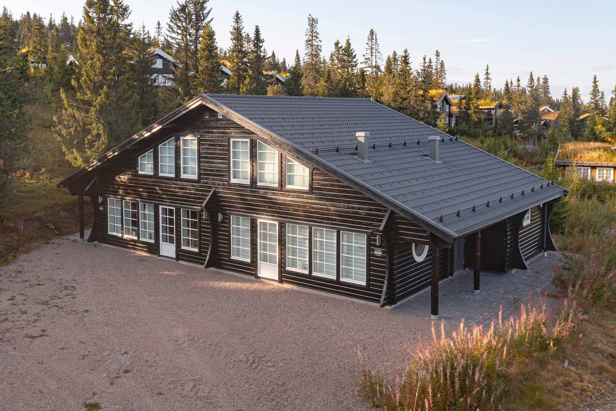En moderne, mørk træhytte med store vinduer og et skrånende tag, omgivet af træer og grønne områder i et skovområde under en klar himmel.