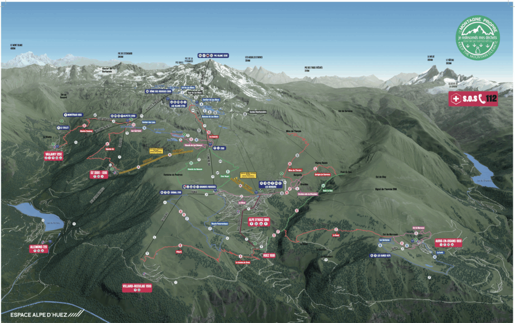 Kartor över sommarvandringar och cykelleder och liftar Alpe d'Huez