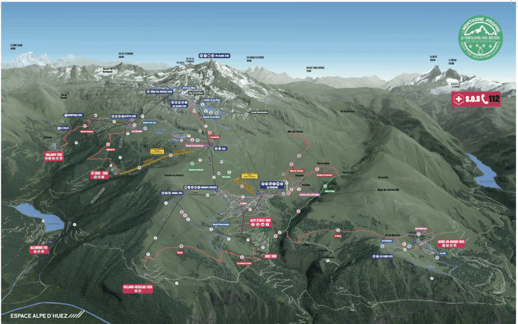 Sommer vandrekort og cykelveje og lifter Alpe d'Huez