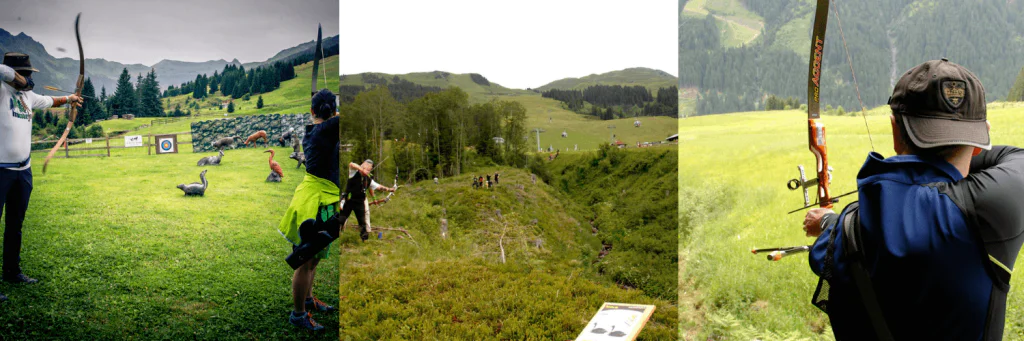 Tre scener af mennesker, der øver bueskydning udendørs: For det første sigter en person mod dyreformede mål; for det andet, bueskytter spredt ud over de bakkede skove i Wagrain; for det tredje sigter en bueskytte i blå jakke og sort kasket en bue i Saalbachs frodige, grønne mark under deres sommerferie Østrig.