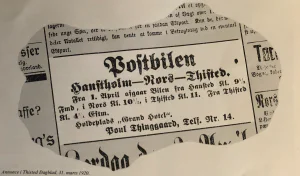 Avisannonce for Thinggaards Postbil rute Hanstholm-Thisted fra 1920.