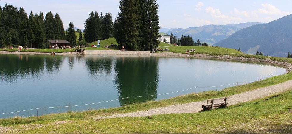 Et roligt alpine landskab med en fredfyldt sø omgivet af græsklædte bakker og fyrretræer. I det fjerne nyder folk deres sommerferie i Westendorf nær søen, med bjerge synlige under en klar blå himmel. En træbænk har udsigt over scenen.
