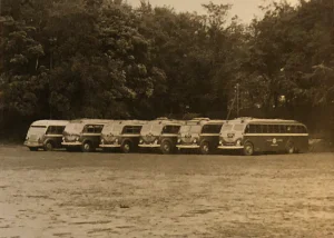 Thinggaards vognpark med flere moderne busser i række opstillet i 1952.