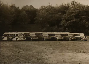 Thinggaards vognpark med 12 moderne busser i 1952, parkeret på en græsplæne.